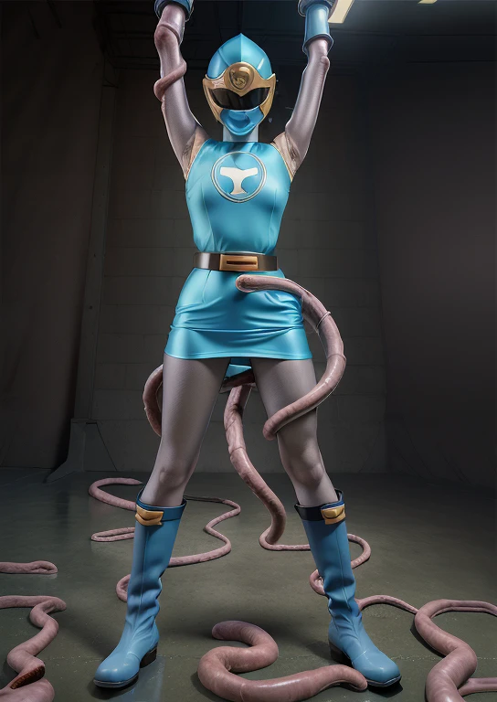 (best quality, masterpiece, RAW photo,ultra-detailed:1.2), 1girl, solo, looking at viewer, ((Hurricane Blue outfit, belt, gloves, helmet, blue spandex vest, blue boots, blue skirt, gray leggings, white gloves)), very large massive breasts, (((spread legs:1.1))),  ((tentacles:1)), tentacle on crotch, nsfw, raised arms, tentacles wrap around body, dark room, eerie light, close up, industrial background, full body, creampie, wet