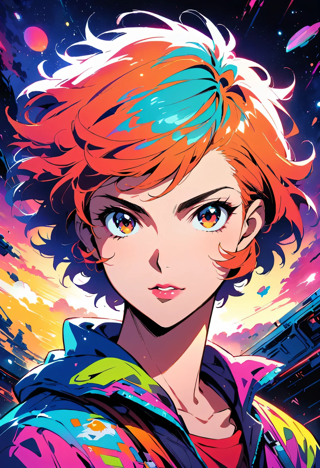 Japanese Anime poster,Cowboy Bebop Faye,portraits,illustration,neon lights,vibrant colors,intense gaze,gritty atmosphere,detailed background,space motif,action-packed scene,strong female lead,futuristic setting,captivating storytelling,laid-back attitude