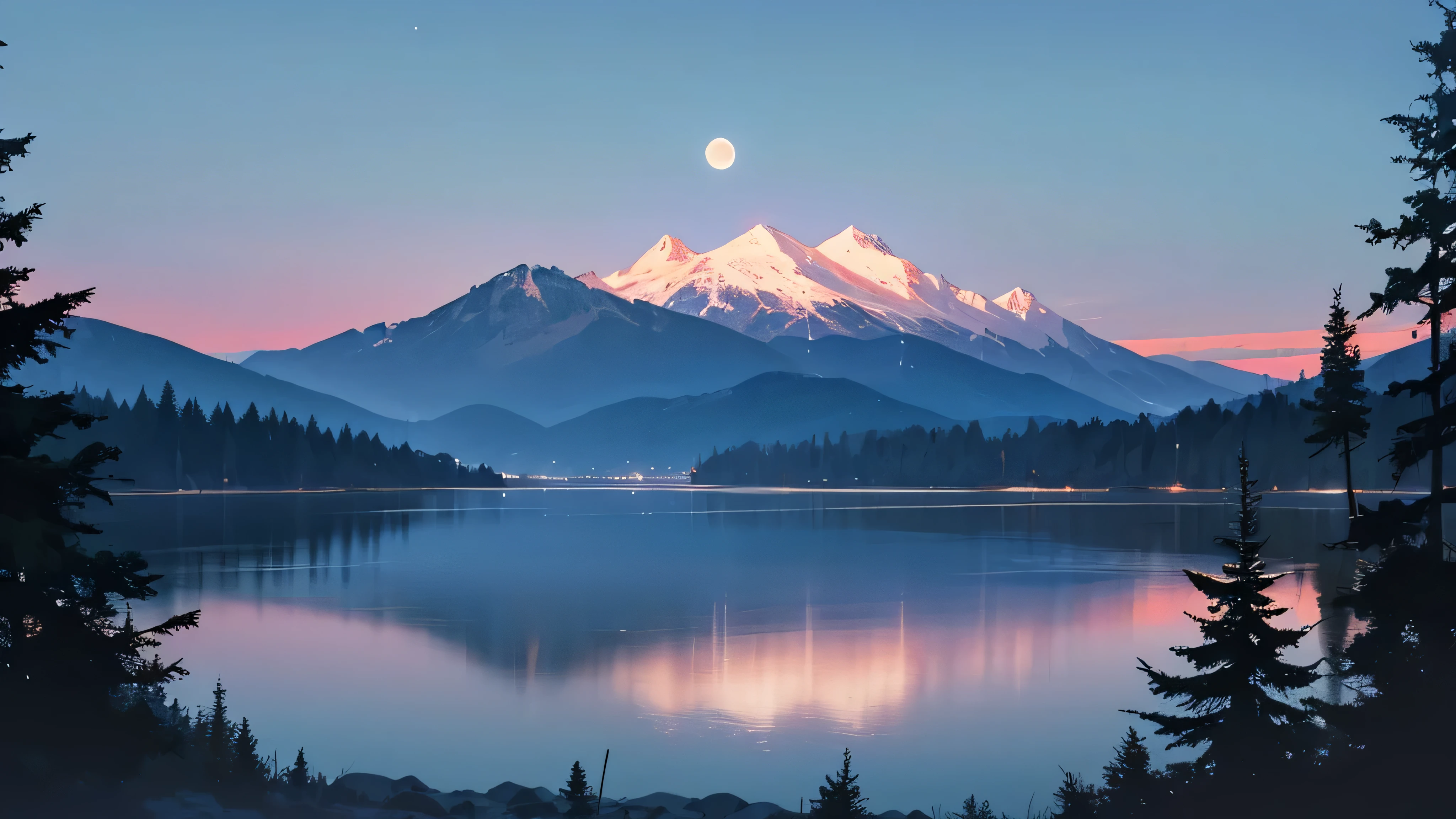 mountain range on the horizon, lake, forest, nature, night, moon behind mountain
