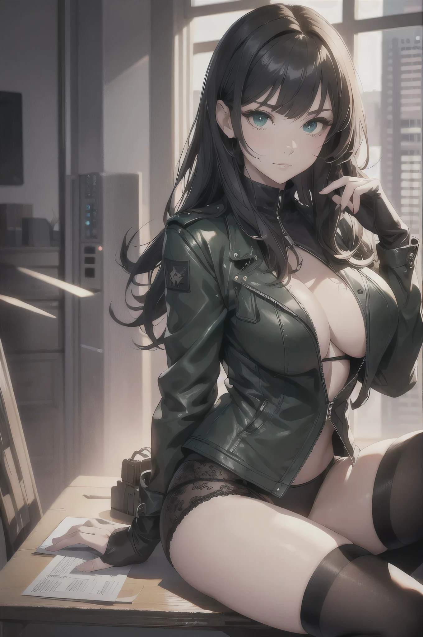 (extremely details CG、Unity、8K Wallpapers)、(extremely delicate and beautiful)、(​masterpiece)、(top-quality:1.0)、(超A high resolution:1.0)、beautiful  lighting、perfect lightning bolt、realistic shadow、[hight resolution]、Detailed skin、ultra-detailliert、detailed faces and eyes、Realistic green eyes、Sharp pupils、cowboy  shot, outside 、Evening glow、beauitful face、blurry backround、shinny skin、Side Up、Beautiful long black hair、Blunt bangs、Green Eyes、(Katyusha:1.2)、leather jacket、perfect big breasts, Sitting on a desk、(Opening legs、You can see light panties.:1.2)、Gentle smile、