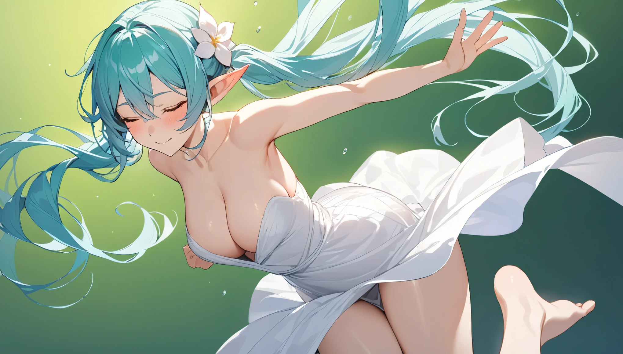 (masterpiece, highest resolution,highest quality ), 1 elven girl, ( bare breasts, thigh),  (aqua hair, twin tails ,very long hair , floating hair ), full body, hand on hip ,hair between eyes, multi colored hair, hair flower ornament ,(blush, smile, close  eyes), close mouth, summer dress,  white dress , strapless dress, (Open the front of the  dress chest very wide), large breasts, pointed ears, simple background,  green background