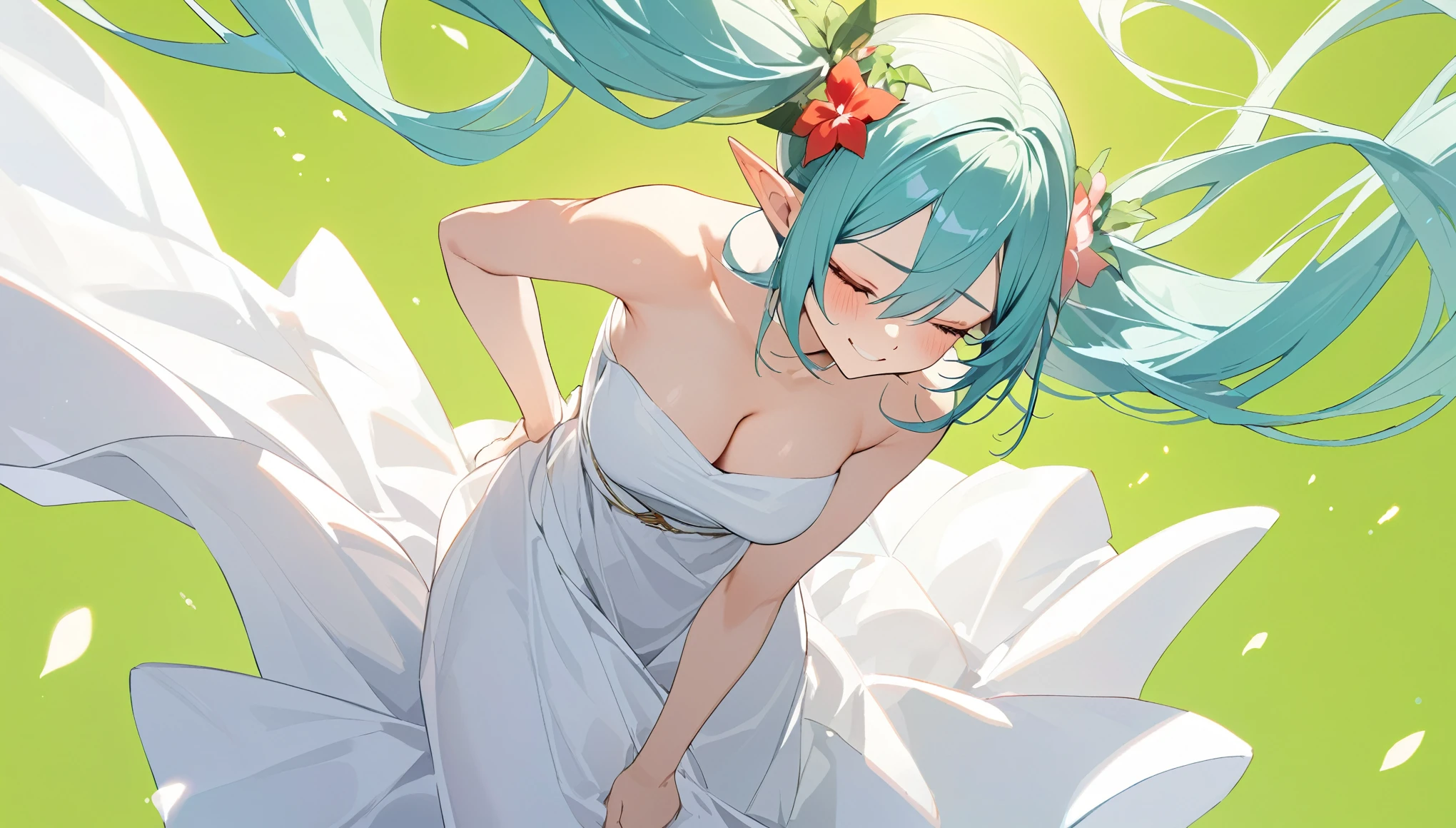 (masterpiece, highest resolution,highest quality ), 1 elven girl, ( bare breasts, thigh),  (aqua hair, twin tails ,very long hair , floating hair ), full body, hand on hip ,hair between eyes, multi colored hair, hair flower ornament ,(blush, smile, close  eyes), close mouth, summer dress,  white dress , strapless dress, (Open the front of the  dress chest very wide), large breasts, pointed ears, simple background,  green background