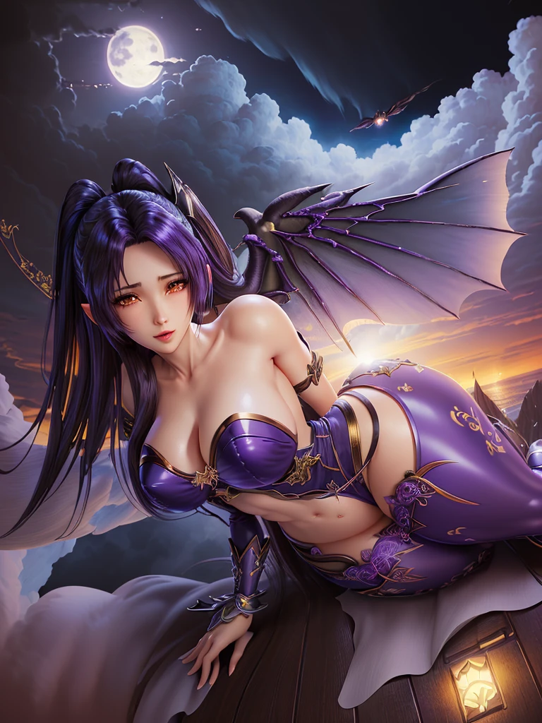 ((best quality)), ((masterpiece)), (detailed),Iris Heart Plutia, seductive succubus, ethereal beauty,Warhammer 40,000, perched on a cloud, (fantasy illustration: 1.3), charming look, captivating pose, delicate wings, supernatural charm, mystical sky, (Luis Royo:1.2), (Yoshitaka Amano:1.1), moonlight night, soft colors, (detailed cloud landscape:1.3), (high resolution:1.2)