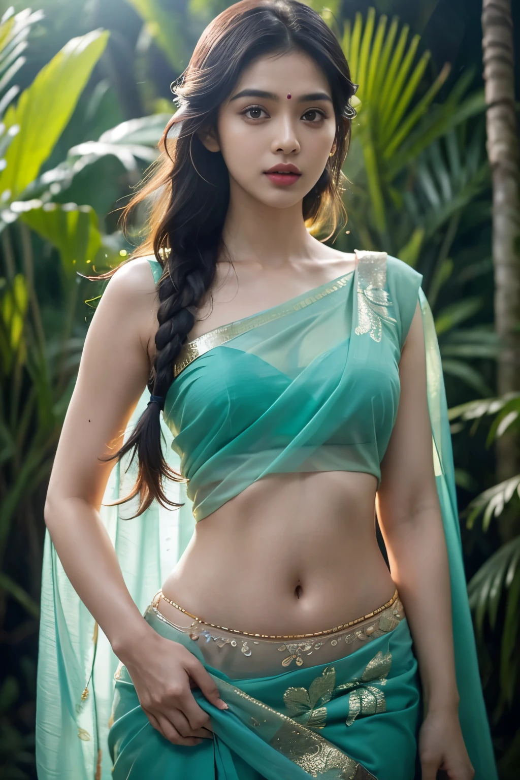 30 year old indian woman, thin saree, oily body, long dense braided hair, tropical forest, ultra realistic, realism, cute, charming, day time, tattooed body, medium height, big eyes, sexy, ambient lighting, perfect anatomy, detailed body and face, 8k