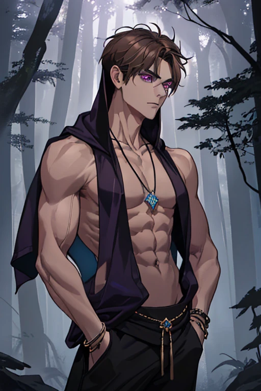 young man, defined body. Handsome, brown hair, clear purple eyes, masculine, hairless muscles, black hooded tank top, Tibetan bracelet, lapiz lazuli stone pendant, hands in pockets, looking up, background dark, forest, ruined temple, Little light, purple light, Ultra definition, HD, full color,