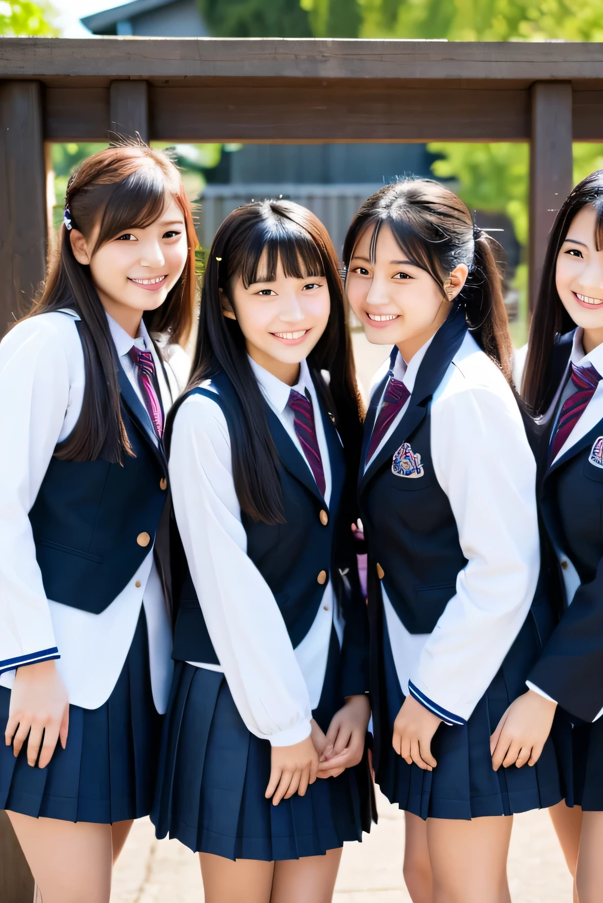 Entrance ceremony,Japanese,Black Hair,long.high school girl,group.5-people.smile.cute.high resolution,8K,School.school gate