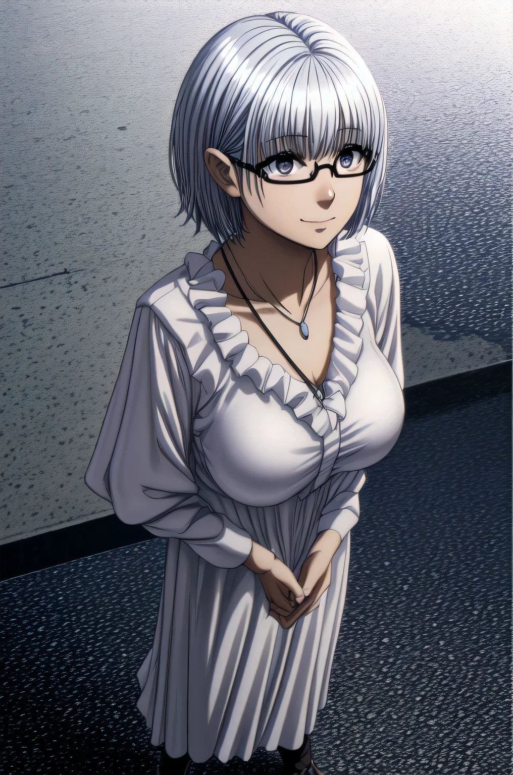 1girl, alternate_costume, bespectacled, closed_mouth, collarbone, glasses, jewelry, necklace, pendant, semi-rimless_eyewear, short_hair, silver_hair, smile, solo, under-rim_eyewear, upper_body,big breast,full body
