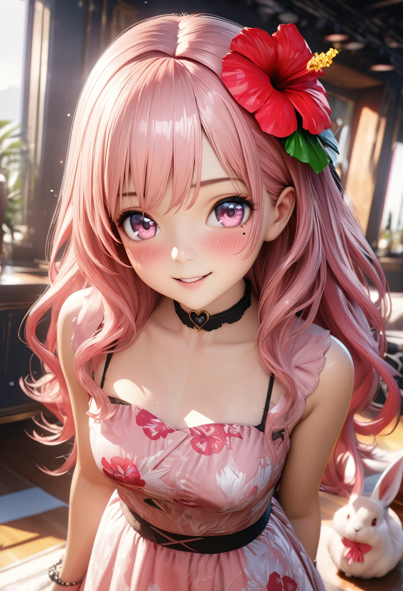 masterpiece, highest quality, Very detailed, High resolution, Expensive resolution, High resolution, 4K, 8k, unity 8k wallpaper, Very detailed CG, masterpiece, 2D, 3D, Beautiful details, depth, Fine texture, highest quality: 1.3, Total concentration, Crisp skin, he, Very cute anime rabbit, A cute rabbit like an idol, expensive pink long hair, One Girl, Aloha One Piece, morning, morning食, Hibiscus Hair Accessories, Smiling long pink hair, whole body, Mole under the eye, Line Sight, expensive, blush, Lips parted, heart, Pink Eyes, choker