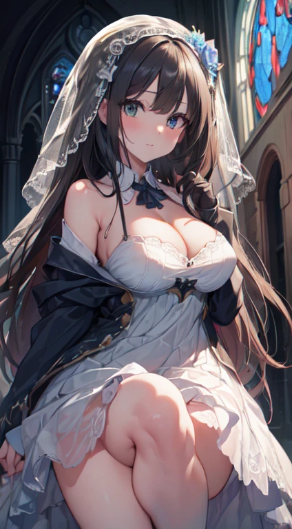 (kawaii,cute:1.1), ((high resolution:1.8)), (incredibly absurdres:1.1), (hires.fix:1.3), extremely detailed CG unity 8k wallpaper BREAK ((masterpiece:1.5)), (8k, RAW photos, highest quality, high resolution, absurdity), high-definition RAW color photos, professional photos, paper cutting, (beautiful girl), (detailed beautiful face:1.3),(detailed beautiful silver eyes),big tits, cleavage, wedding dress, ((white dress)), scenic print, pale_skin, beautiful black hair, braided bangs, ((long hair, straight hair)), BREAK ((beautiful church)), ((beautiful stained glass)), (magnificent panorama view), (underworld, fantasic ocean), depth of view