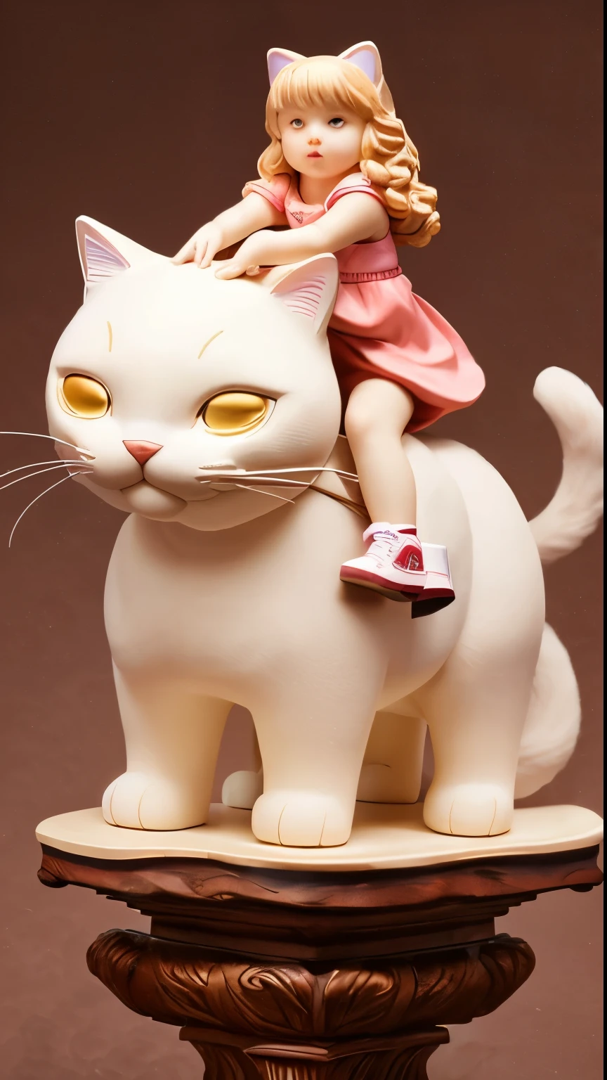 (best quality, high resolution, ultra-detailed), global light, neutral background, a sculpture resine toy a giant cat with a  girl sleepping on the giant cat's neck. The littl is riding in the gigantic cat's cell. Style collectible toys, art toys, art toys on a pedestal.
