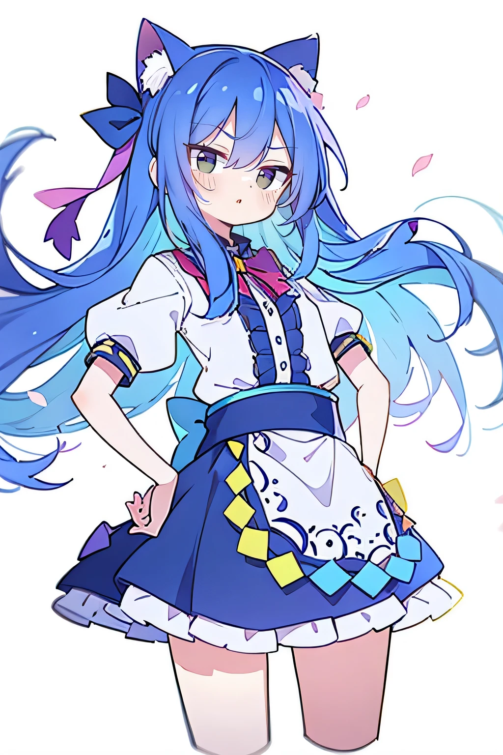 (masterpiece),best quality, expressive eyes, perfect face, 1girl,
 Put your hands on your waist,fair, Gorgeous,Japanese cartoons,girl,lola,Hina Angel, blue hair, blue haired, floating clothes,Grab your waist, Grab your waist, hands on hips , hands on hips,sit, sit on ground, Legs on the ground, flat chest,cat ears,Petals fall,