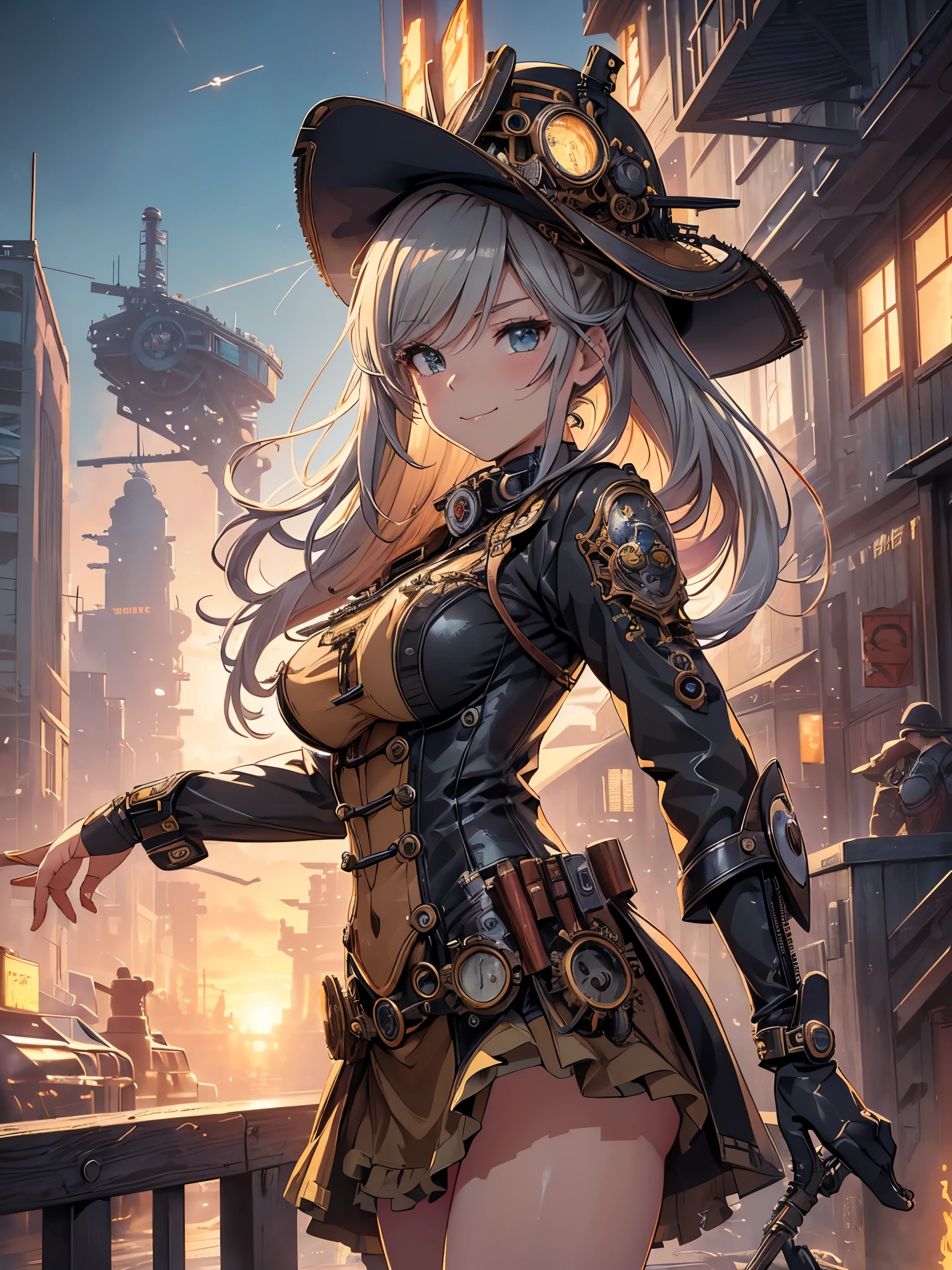 (Line art_anime),(Cowboy Shot,Low - Angle, highest quality, ),(Laura Budd Photos:1.2),(Laura Add Details:1.0),8K, Flat Color:0.8,1 girl,smile,(Highly decorative and complex mechanical steampunk fashion, lace flare dolphin hat、goggles 1.5、machinery background、Gear background、Intricately mechanized steampunk cityscape 1.5),