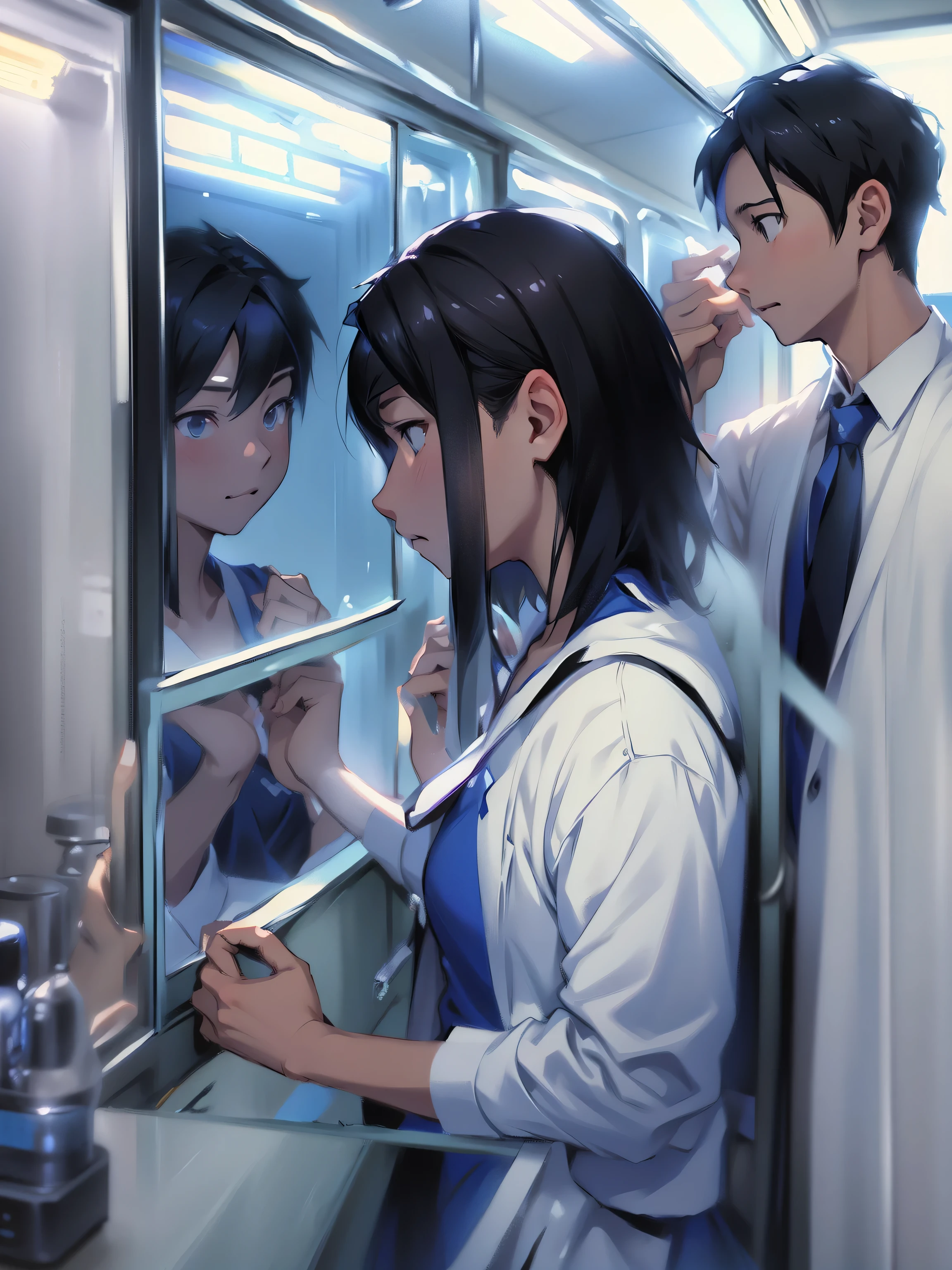 Cartoon character looking in mirror on subway, by Kobayashi Kiyochika, reflection. by makoto shinkai, ( ( makoto shinkai ) ), by Yanagawa Nobusada, Ross Tran and Makoto Shinkai, sakimichan and makoto shinkai, Makoto Shinkai and Tom Bagshaw