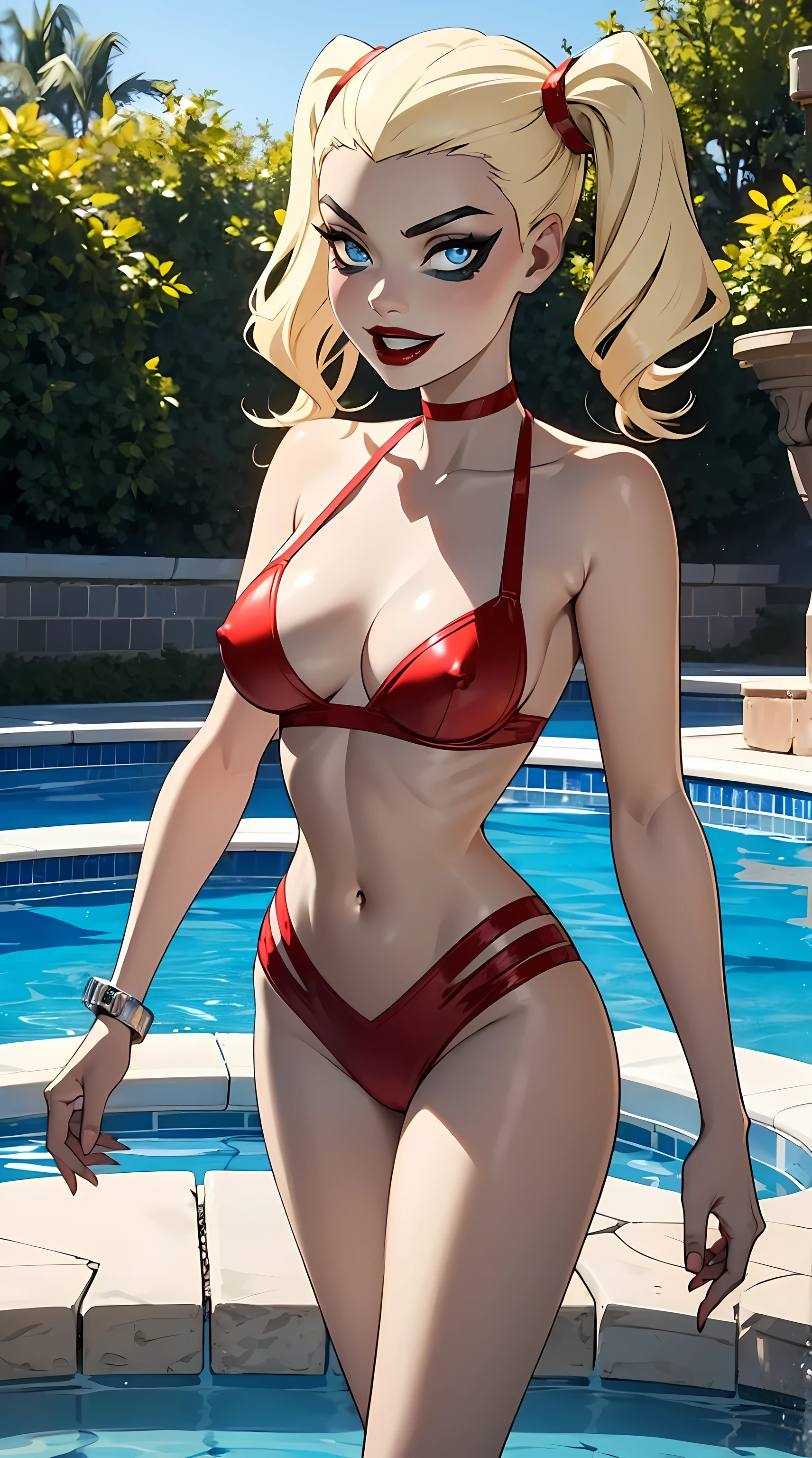 Beautiful blonde woman is shown to have a slender figure, white skin, short blonde pigtails, she is wearing a nsfw bikini, clown makeup, happy creepy look, blue eyes, red lips, girl standing by the pool sexy session, sexy pose, exposed cleavage, cowboy shot, superior quality, many details, realistic