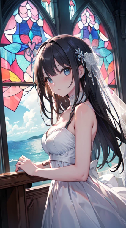 (kawaii,cute:1.1), ((high resolution:1.8)), (incredibly absurdres:1.1), (hires.fix:1.3), extremely detailed CG unity 8k wallpaper BREAK ((masterpiece:1.5)), (8k, RAW photos, highest quality, high resolution, absurdity), high-definition RAW color photos, professional photos, paper cutting, (beautiful girl), (detailed beautiful face:1.3),(detailed beautiful silver eyes),big tits, cleavage, wedding dress, ((white dress)), scenic print, pale_skin, beautiful black hair, braided bangs, ((long hair, straight hair)), BREAK ((beautiful church)), ((beautiful stained glass)), (magnificent panorama view), (underworld, fantasic ocean), depth of view