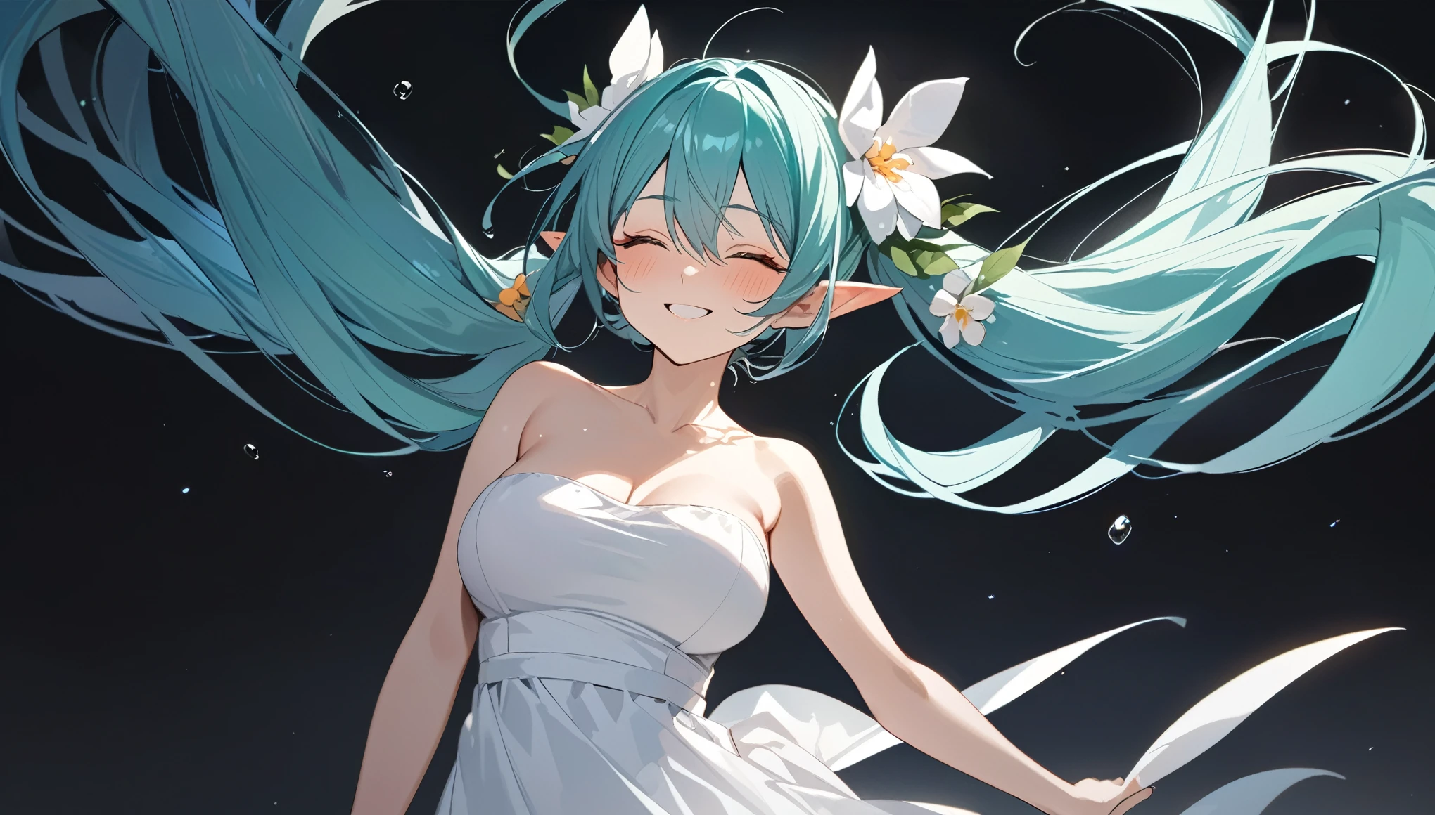 (masterpiece, highest resolution,highest quality ), 1 elven girl, ( bare breasts, thigh),  (aqua hair, twin tails ,very long hair , floating hair ), full body, hand on hip ,hair between eyes, multi colored hair, hair flower ornament ,(blush, smile, close  eyes), close mouth, summer dress,  white dress , strapless dress, (Open the front of the  dress chest very wide), large breasts, pointed ears, simple background,  black background