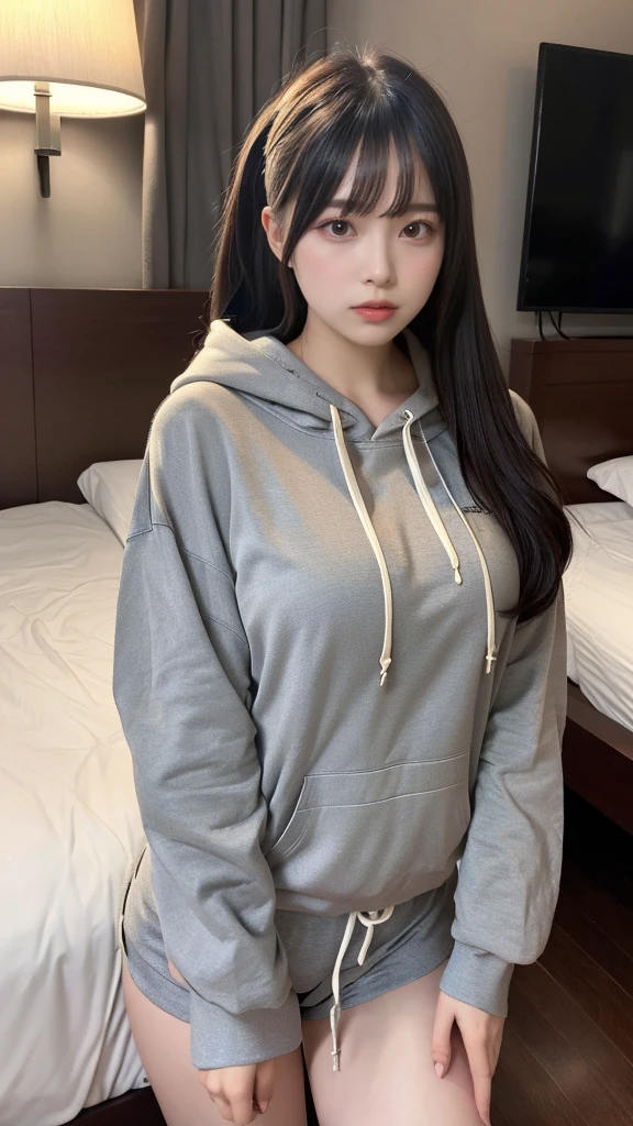muste piece, best quality, illustration, Super detailed, fine details, High resolution, 8K,wall paper, perfect dynamic composition,(Details High quality, realistic depiction of eyes:1.3), (Oversized Light Gray Hoodie:1.2), Erotic Shorts, ponytail、black hair color, Big Natural Color Lip, bold sexy pose, (perfect body shape), crying a little、cold gaze, Harajuku style、20 year old girl、cute type、lolita、beautiful legs, hotel room, gravure idol