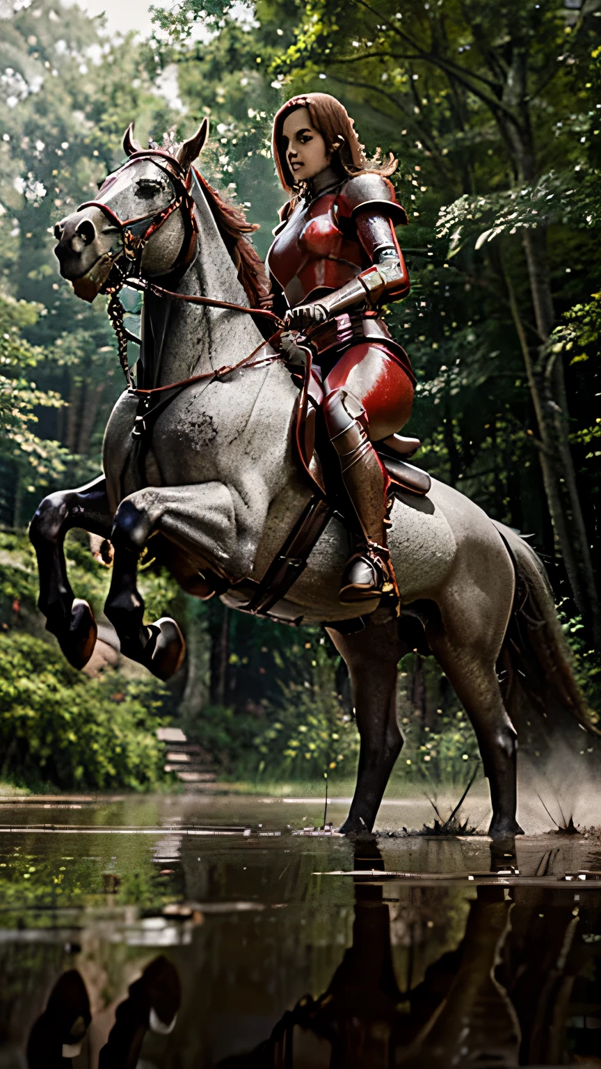 1 woman, red armor, reflection, sword and shield, dynamic pose, hyper detail realistic, insane detail, misty forest, riding a ((steel horse))