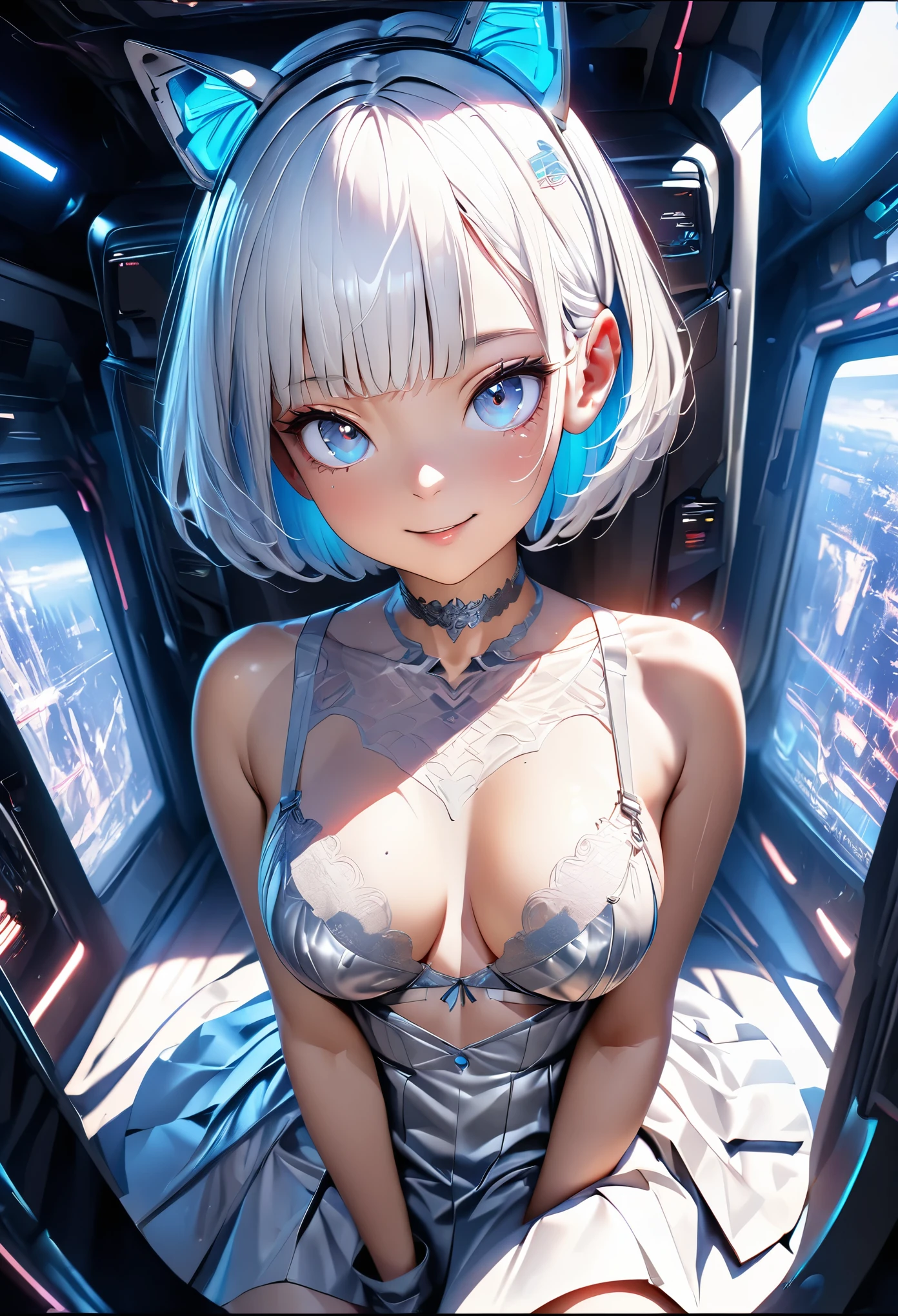 (masterpiece:1.3), (8K、best quality:1.3), (Photorealistic Anime Girl Rendering, ((Draw the outline with a line drawing)), Realistic anime 3D style), (1 girl), (very beautiful 14 year old girl), (cute, little:1.3), Symmetrical perfect face, Beautiful light blue bob cut, bangs, intense blue eyes, Eye-catching highlights, Realistic eyes, Beautiful eyelashes, Great smile, Accurate and natural normal size breasts, Perfect Anatomy, Glowing Skin, Highly detailed skin, Silver metallic sleeveless dress, Lace ornament, Exposed shoulders, Decorative choker, Silver long boots, Silk lace bra and panties, Light blue cat ears, Sleek and futuristic headphones, Take a seat in a futuristic space shuttle, Dynamic Angle, Cyberpunk Background, The cockpit instruments and monitors light up., Volumetric lighting, Soft Light, bright, neon, bright色, Create digital artwork in pop art style