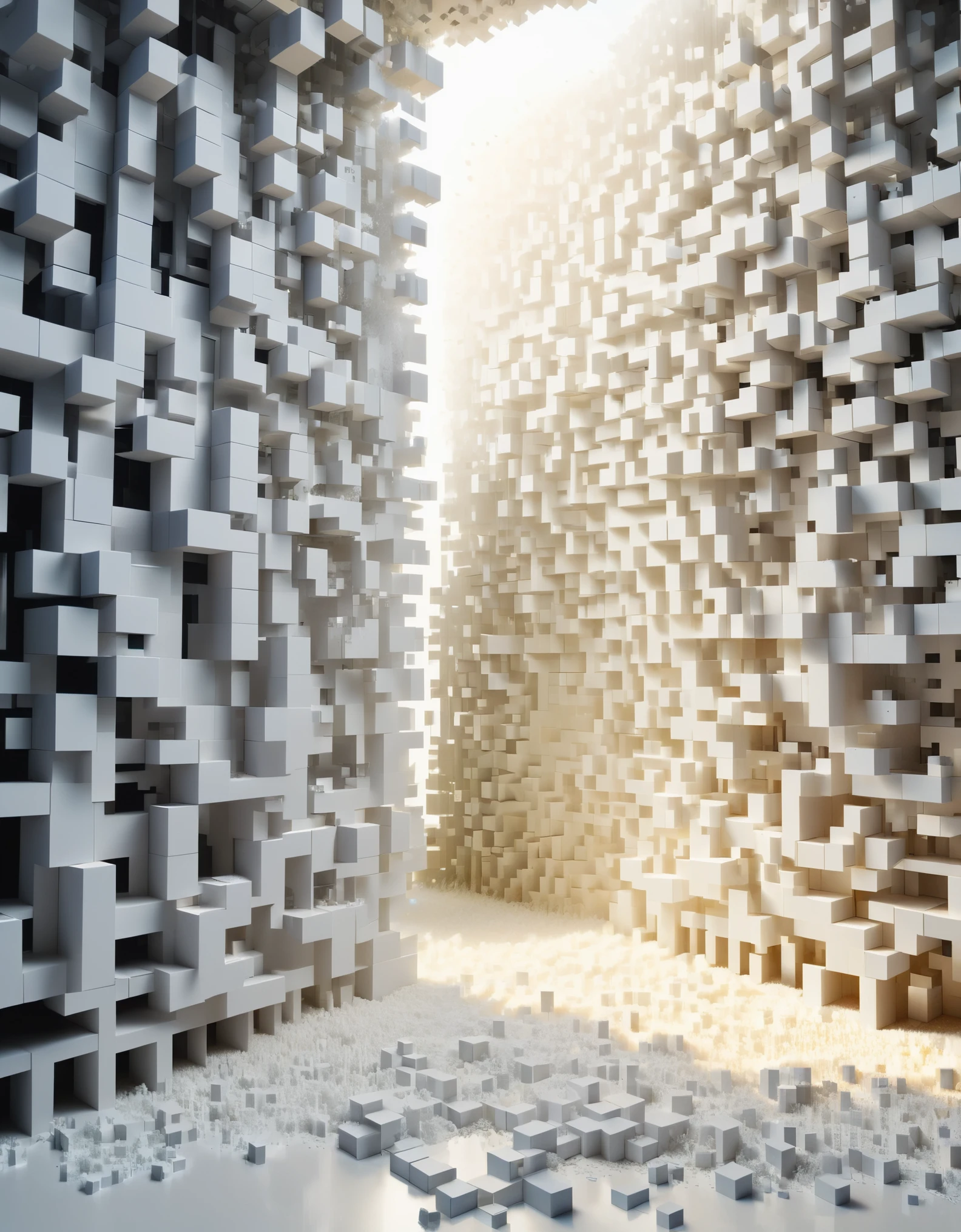 A wall of white dissolving pixels，3D voxel blocks，Sunlight shines through the partially hollowed-out，A structure that was initially intact but gradually disintegrated in the air