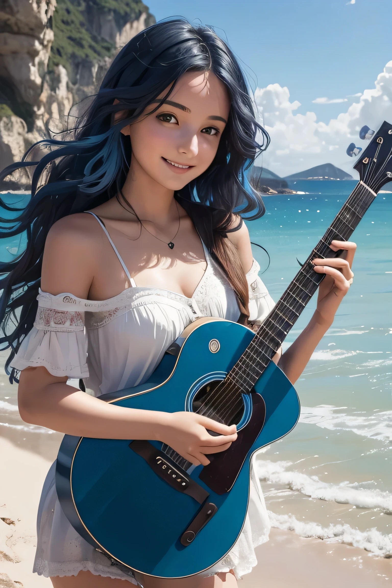 une jeune femme dans la vingtaine, with long wavy blue hair of a soft brown framing a delicate face. Ses grands yeux bleu. Her warm smile lights up her face and transmits positive energy. Elle fait de la guitaresur le bord de la plage