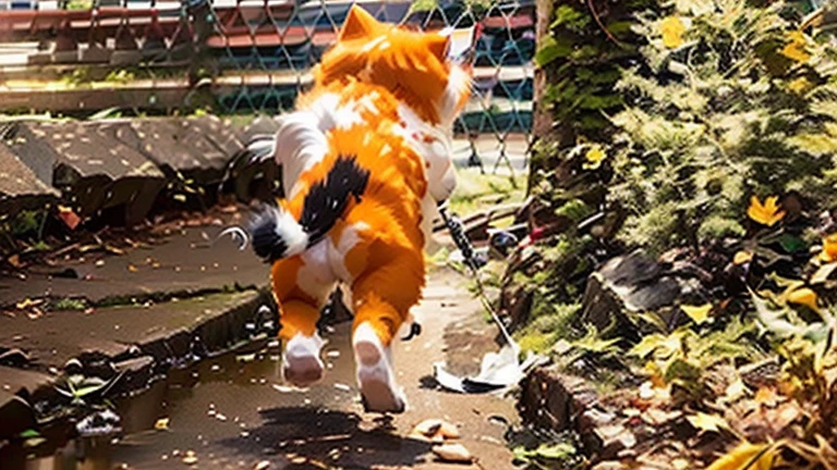 There is a cat walking around near the tree., orange cat in mid action, The cat is walking, cat tail, bushy tail, thick fluffy tail, fluffy tail, Cat attacks Tokyo, thick tail, tail, orange cat, Orange fluffy belly, orange cat, an orange cat, Shot from the rear, brown tail, With your back turned