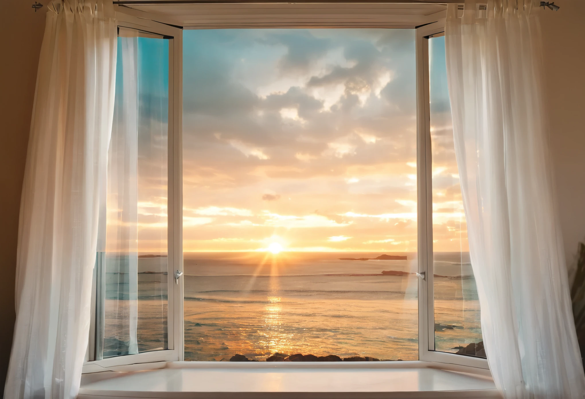 Photo of sunset over the sea from a room with white interior through a large window with white curtains