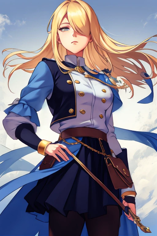 anime character dressed in uniform holding a purse and a sword, at pixiv, pixiv contest winner, pixiv, oc commission, popular on pixiv, trending on artstation pixiv, top rated on pixiv, trending on pixiv, pixiv daily ranking, featured on pixiv, digital art on pixiv, pixiv style, zerochan art, blonde hair, hair over one eye, serious, white shirt, white skirt, blue cloack, golden handle, black pantyhose, cowboy shot, anime, god rays, high quality, anatomically correct, super detail, 4K, HD, big breasts,