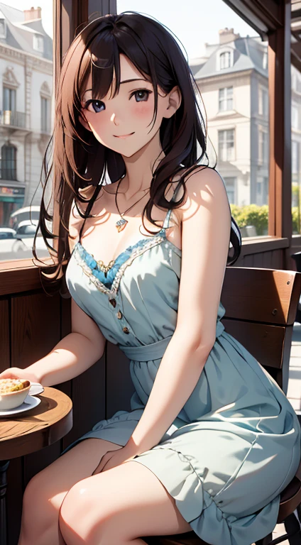 (higher resolution, distinct_image) The best quality, a woman, masterpiece, highly detailed, semi realistic, 26 years old, beautiful, young, handsome, interlaced white blue dress, small gem necklace on neck, exterior, cafe seat, window, sitting, afternoon, blush, smiling