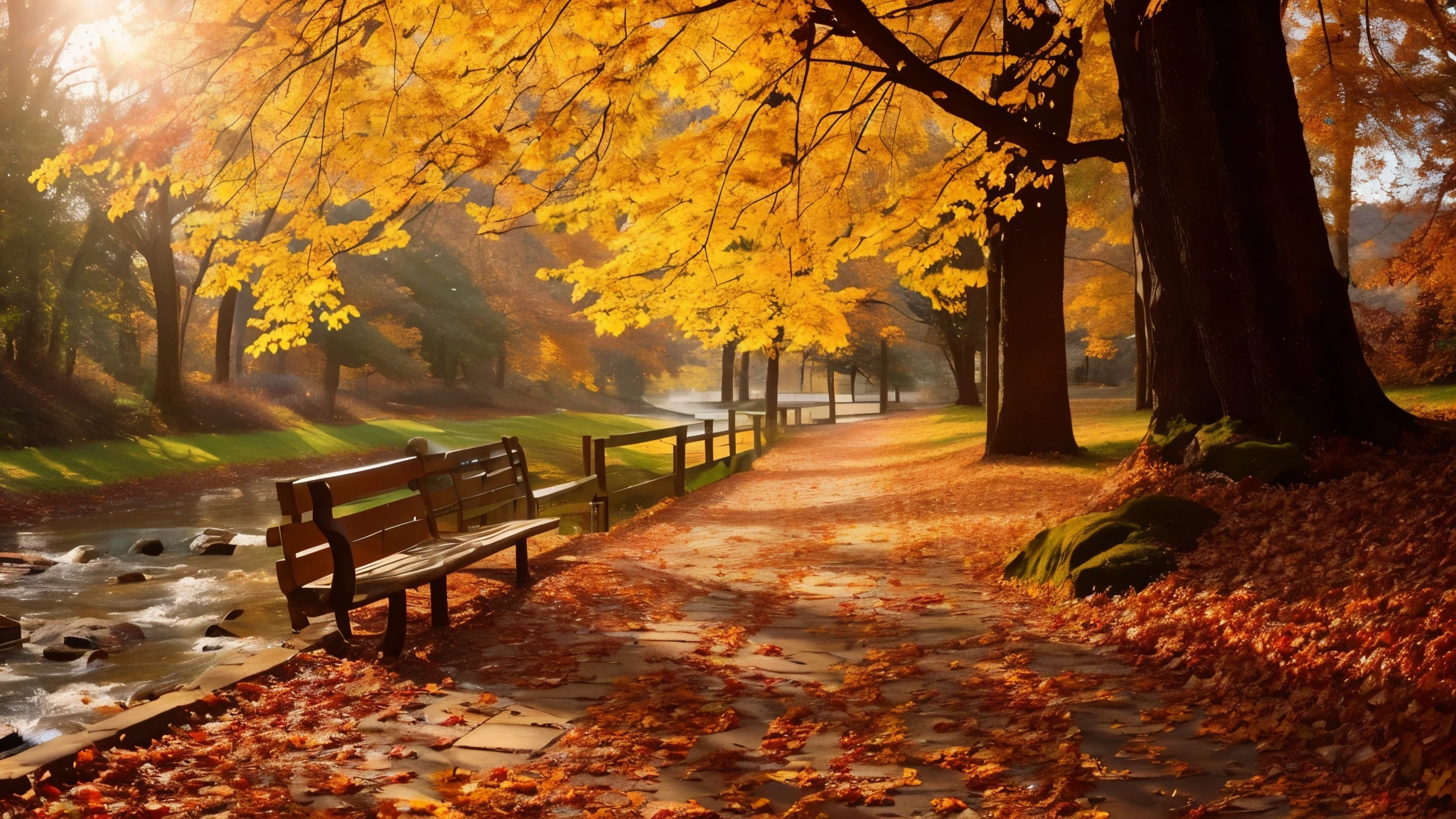 there is a bench sitting on the side of a path next to a river, dramatic autumn landscape, golden autumn, autumn tranquility, soft autumn sunlight, in the autumn, in autumn, warm beautiful scene, autumn season, during autumn, autum garden, beautiful dreamy landscape, autumn forest, beautiful serene landscape, colorful autumn trees, autumn colors, grassy autumn park outdoor
