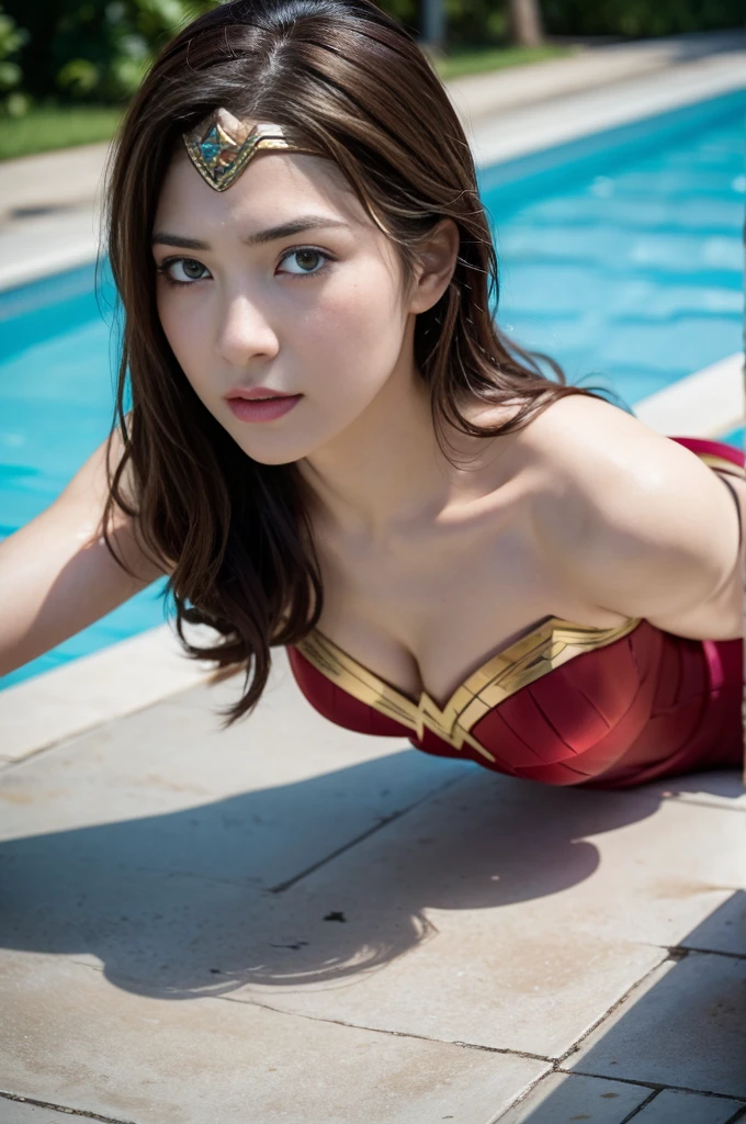 The Perfect Wonder Woman Costume,crawling on all fours,In the swimming pool,Inside the fountain,Sleeping Face,close ~ Eye,open mouth,Tired face,Facing Suffering,Sleeping Face,Soak hair,Soak hair,Wet,fight with men,surrounded by men,,caught between men,Besieged by men,Entangled with men, Being attacked by a man,Being beaten by men,Bullied by boys,Sex by a man,Captured by a man,detained by a man、touch your face,、Hair being pulled hard,my head was grabbed,lick my hair,Lick my face,Brown hair,  masterpiece、beautiful girl、漂亮的Eye、puffy Eye、best quality, 超high resolution, (Reality: 1.4), Movie Lighting,Super beautiful、beautiful skin、(超Reality的な)、(high resolution)、(8k)、(Very detailed)、(beautiful and 漂亮的Eye)、(Ultra Detailed)、 Delicate face、slanted banger hair、Brown hair、20 years old、Wonder Woman role-playing，Wonder Woman tiara