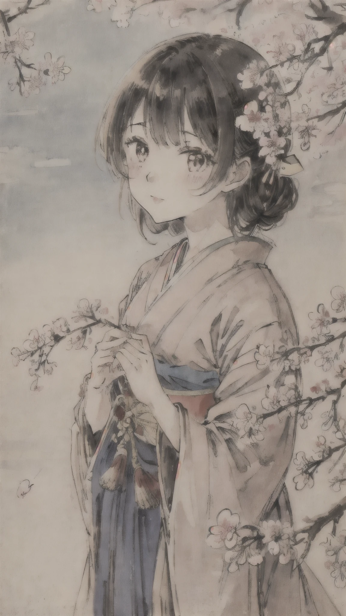 Antique paintings、Japan、Girl、Taisho Romance、Hakama、cherry blossoms、blue sky