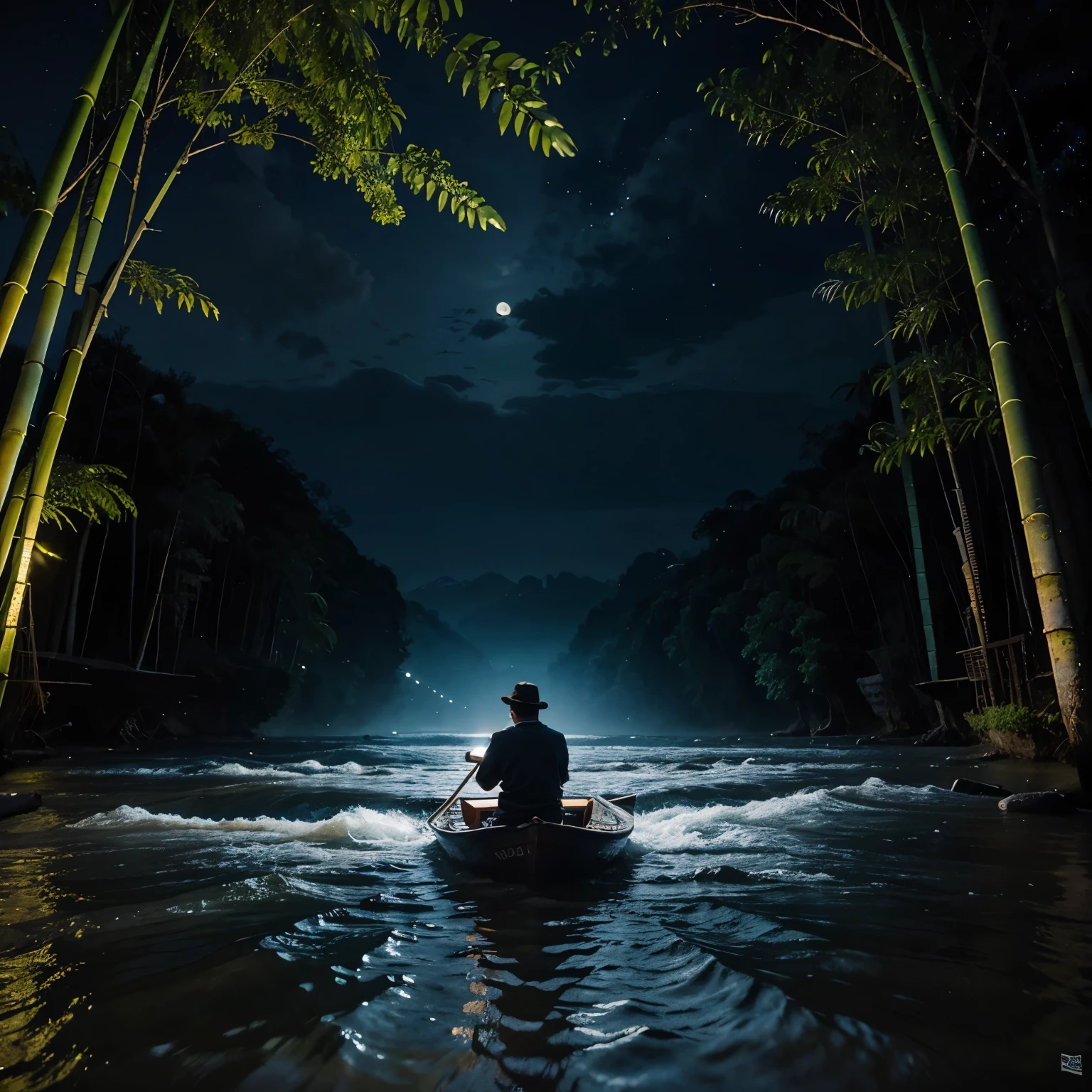 Landscape, a river under the blue moon light, a man riding a bamboo boat in the middle of the river