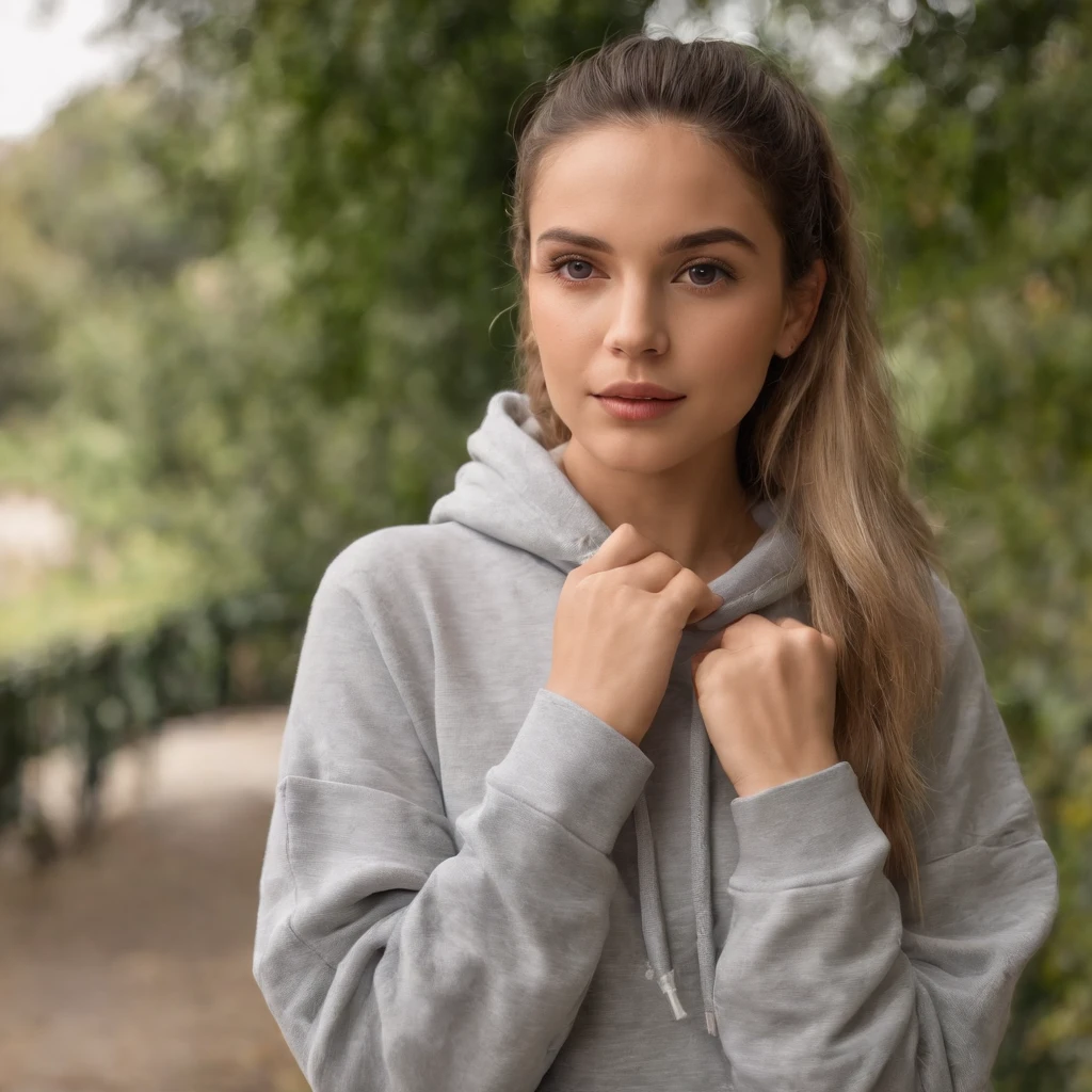 Jovencita con razgos amazonicos vistiendo un hoodie oversized personalizado con print amazonicos representativos, es para mi tienda online 