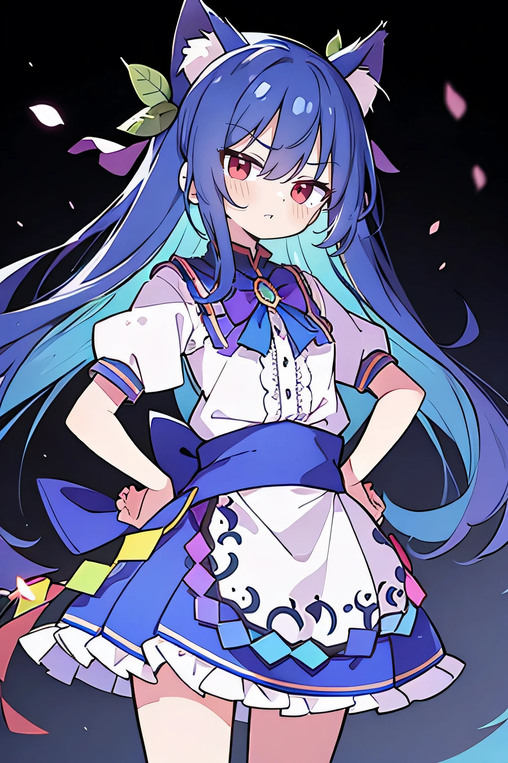 (masterpiece),best quality, expressive eyes, perfect face, 1girl,
 Put your hands on your waist,fair, Gorgeous,Japanese cartoons,girl,lola,Hina Angel, blue hair, blue haired, floating clothes,Grab your waist, Grab your waist, hands on hips , hands on hips,sit, sit on ground, Legs on the ground, flat chest,cat ears,Petals fall,