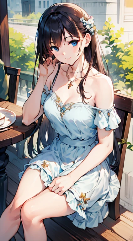 (higher resolution, distinct_image) The best quality, a woman, masterpiece, highly detailed, semi realistic, 26 years old, beautiful, young, handsome, interlaced white blue dress, small gem necklace on neck, exterior, cafe seat, window, sitting, afternoon, blush, smiling