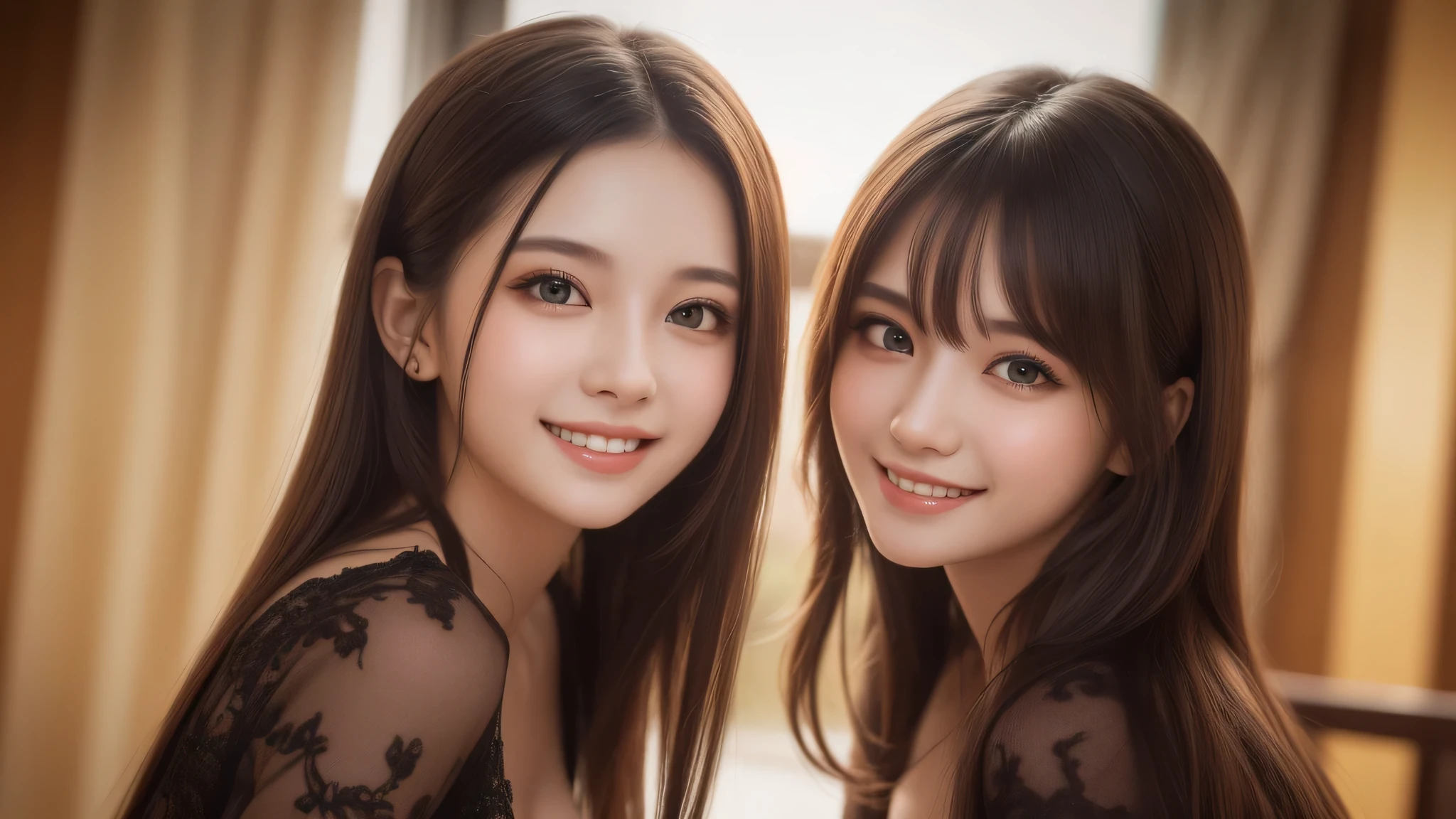 (2girl:1.3), (ultimate beautiful girl), cute face, (smiling), Amazing face and eyes, (Best Quality:1.4), (Ultra-detailed), (extremely detailed beautiful face), (highly detailed Beautiful face), (extremely detailed CG unified 8k wallpaper), High-definition raw color photos, Professional Photography, Extremely high resolution, fashionable, Highly detailed, big breasts, 