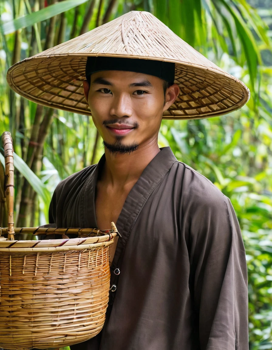Tole is a young man, Javanese, wearing a Javanese hat, carrying a bamboo basket.