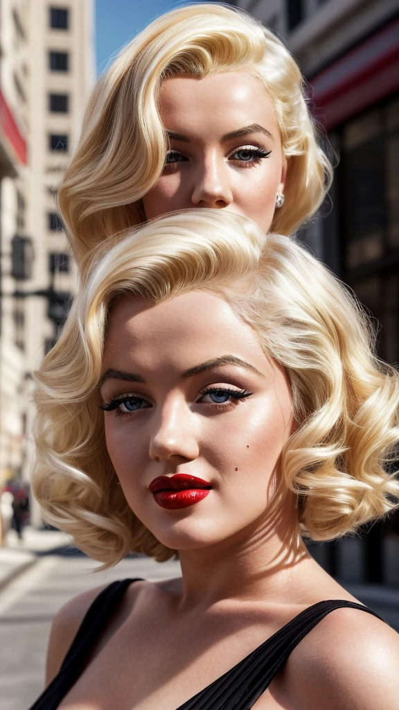 Hyper photo realistic picture perfect young marilyn monroe, high detailed skin, blonde eyebrows, black eyeliner, dark eye shadow, vibrant red lipstick, 1920s blonde hair, natural Hollywood makeup, long white dress, Hollywood boulevard background full daylight, 