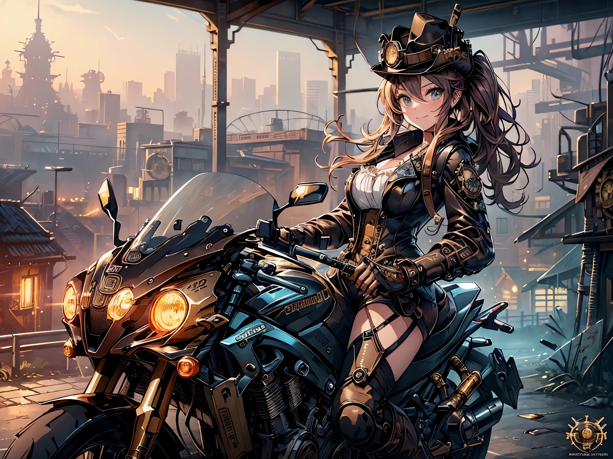 (Line art_anime),(Cowboy Shot, highest quality, ),(Laura Budd Photos:1.2),(Laura Add Details:1.0),8K, Flat Color:0.8,Dynamic Angle,1 girl,smile、(On a steampunk motorcycle:1.5)、An elaborately decorated motorcycle、(Highly decorative and complex mechanical steampunk fashion, lace flare dolphin hat、goggles 1.5、machinery background、Gear background、Intricately mechanized steampunk cityscape 1.5),