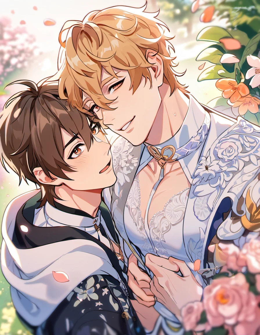 absurdres, highres, ultra detailed, HDR, master piece, best quality, Quincy, blond messy hair, closed eyes, Nu Carnival, Eiden, brown hair, closed eyes, 2men kissing passionately, gay couple, petals, garden, fantasy clothes