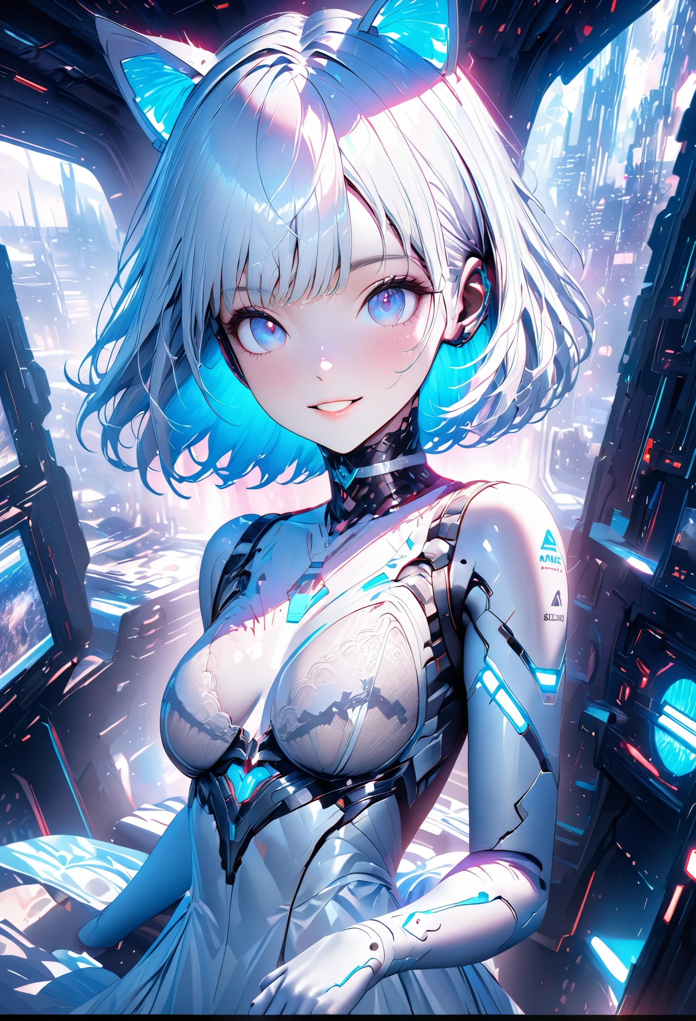 (masterpiece:1.3), (8K、best quality:1.3), (Photorealistic Anime Girl Rendering, ((Draw the outline with a line drawing)), Realistic anime 3D style), (1 girl), (very beautiful girl), (cute, little:1.3), Symmetrical perfect face, Beautiful light blue bob cut, bangs, intense blue eyes, Eye-catching highlights, Realistic eyes, Beautiful eyelashes, Great smile, Accurate and natural normal size breasts, Perfect Anatomy, Glowing Skin, Highly detailed skin, Silver metallic sleeveless dress, Lace ornament, Exposed shoulders, Decorative choker, Silver long boots, Silk lace bra and panties, Light blue cat ears, Sleek and futuristic headphones, Take a seat in a futuristic space shuttle, Dynamic Angle, Cyberpunk Background, The cockpit instruments and monitors light up., Volumetric lighting, Soft Light, bright, neon, bright色, Create digital artwork in pop art style