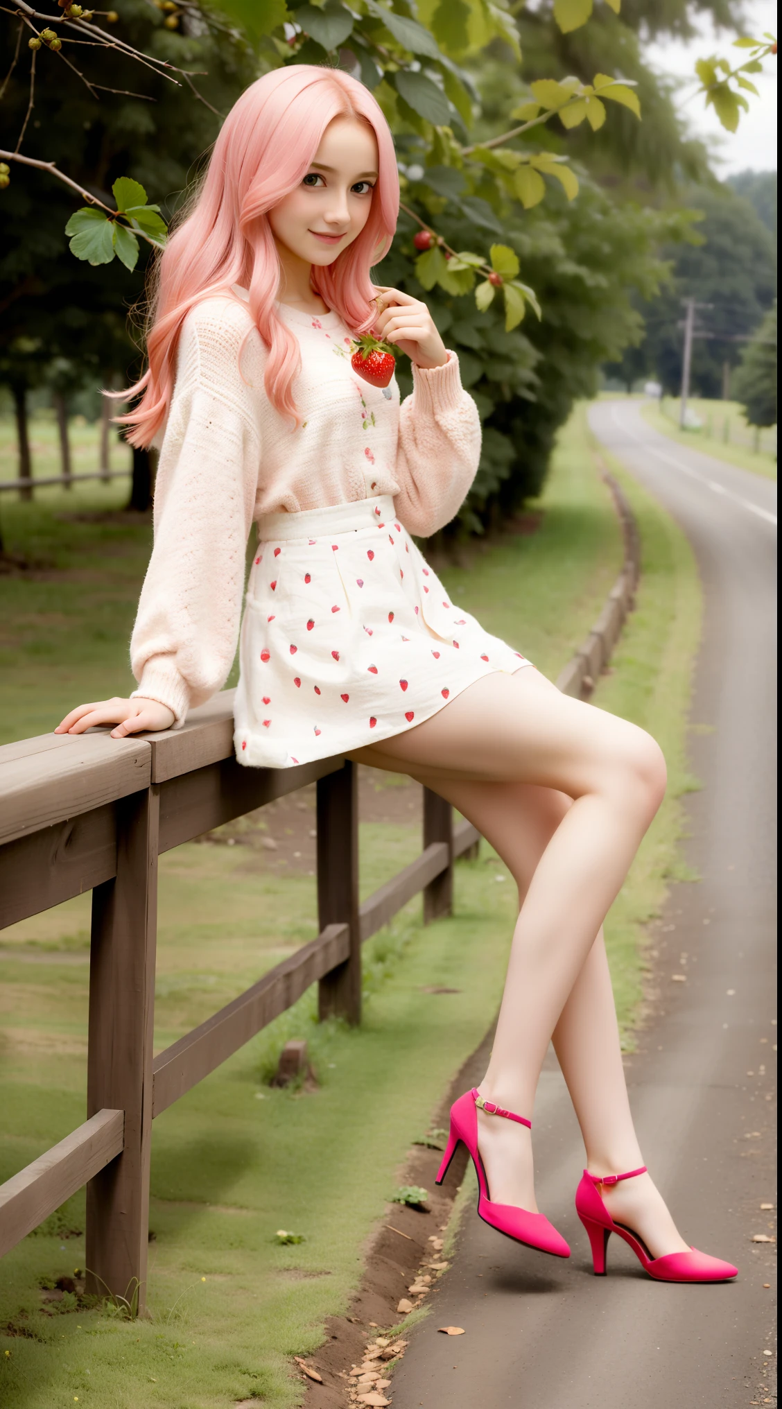 absurderes, ultra-detailliert,bright colour,(8K:1.5),masuter piece,extremely beautiful detailed face and eyes,(Strawberry farm:1.2)(Strawberry personification:1.3)、(tall:1.2),(legs are long like a model:1.1),Valley、Pink skin、Pink hair,,Have a basket full of strawberries,Summer morning、Scenery of Ghibli,Summer country roads,(Smile and wave),(Full body:1.3)