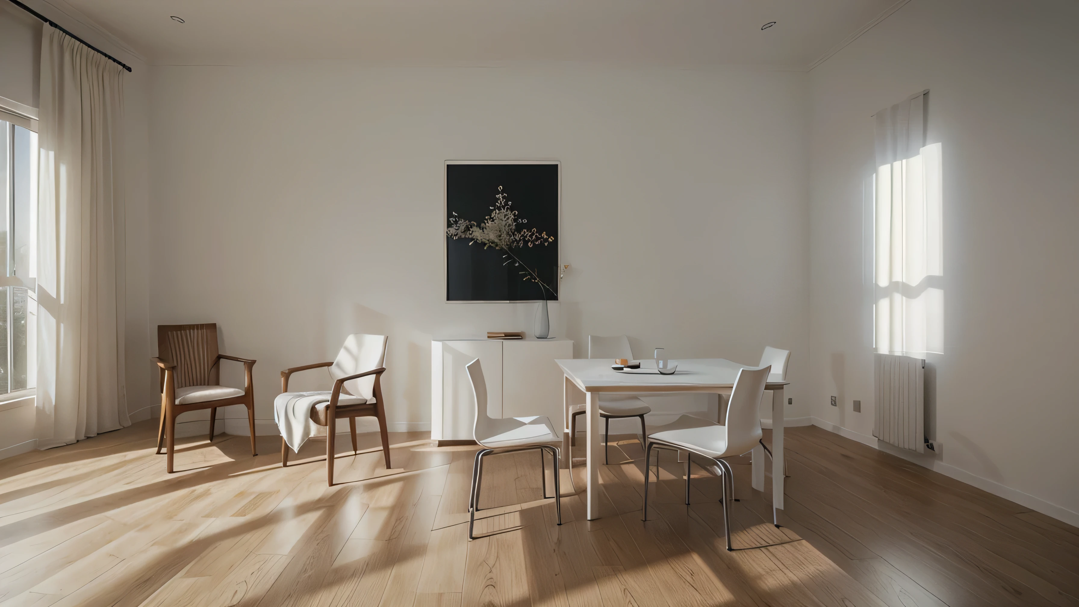 ((best quality)), ((masterpiece)), ((realistic)), empty room, with only a minimalist chair and a minimalist table in a background room, Fully rendered from light to shadow, archviz, v-ray rendering, corona rendering, Detailed archviz rendering, empty white room, photorealistic cinematic rendering, Minimalist cinematic lighting, povray rendering, detailed cinematic rendering, natural light in the room, Minimalist design