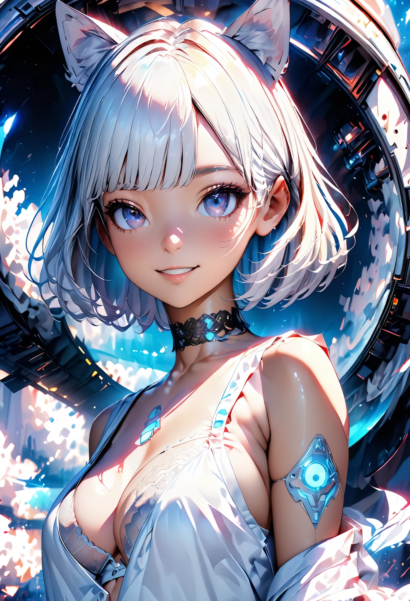 (masterpiece:1.3), (8K、best quality:1.3), (Photorealistic Anime Girl Rendering, ((Draw the outline with a line drawing)), Realistic anime 3D style), (1 girl), (very beautiful 14 year old girl), (cute, little:1.3), Symmetrical perfect face, Beautiful light blue bob cut, bangs, intense blue eyes, Eye-catching highlights, Realistic eyes, Beautiful eyelashes, Great smile, Accurate and natural normal size breasts, Perfect Anatomy, Glowing Skin, Highly detailed skin, Silver metallic sleeveless dress, Lace ornament, Exposed shoulders, Decorative choker, Silver long boots, Silk lace bra and panties, Light blue cat ears, Sleek and futuristic headphones, Take a seat in a futuristic space shuttle, Dynamic Angle, Cyberpunk Background, The cockpit instruments and monitors light up., Volumetric lighting, Soft Light, bright, neon, bright色, Create digital artwork in pop art style
