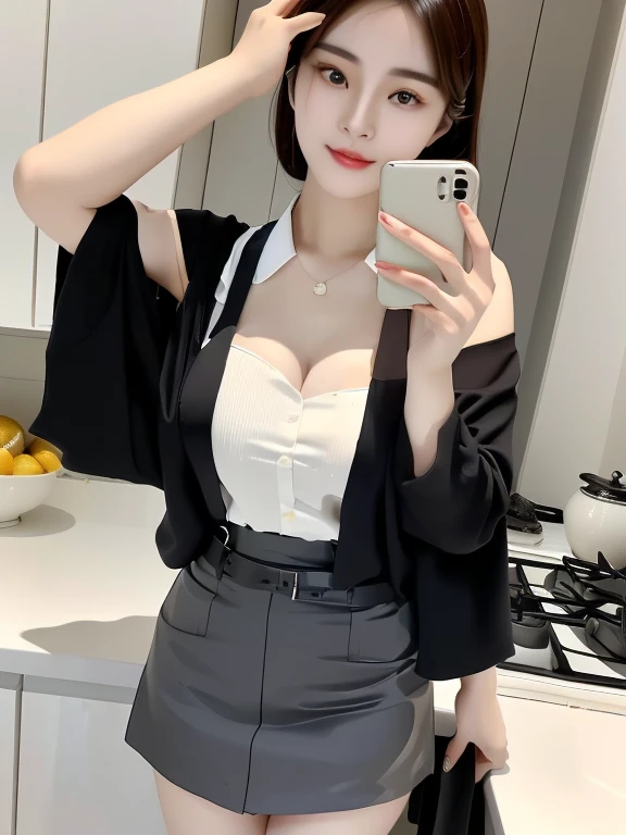 An Asian woman taking a selfie in the kitchen, Yoshitomo Nara, xintong chen, 8K selfie photograph, korean girl, wenfei ye, 8K)), sakimicchan, Gorgeous young Korean woman, Beautiful Korean woman, Cui Xianhua, Zimen&#39;s sign, Xision Wu，Cleavage，Short skirt，Suspenders