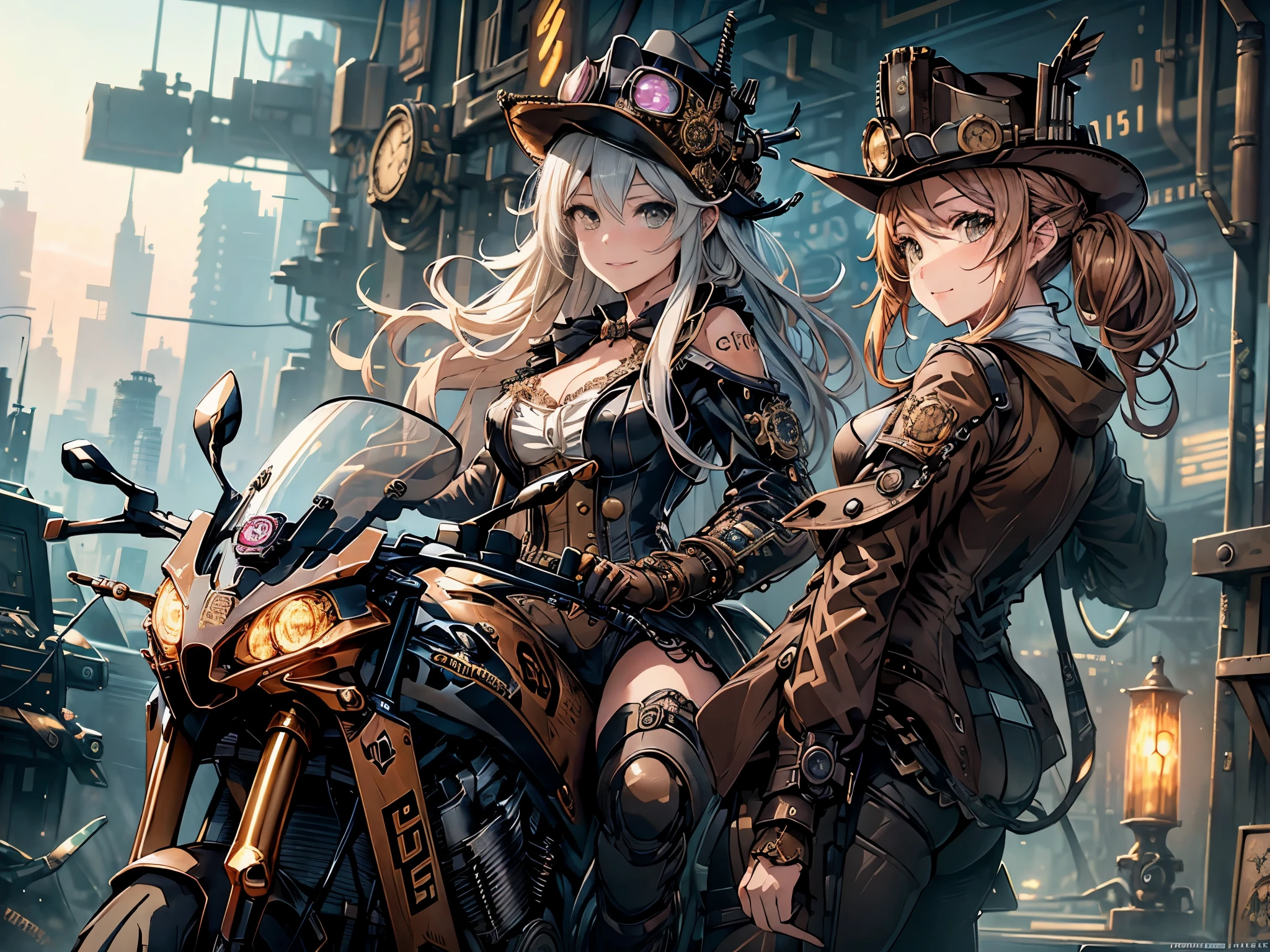 (Line art_anime),(Cowboy Shot, highest quality, ),(Laura Budd Photos:1.2),(Laura Add Details:1.0),8K, Flat Color:0.8,Dynamic Angle,1 girl,smile、(On a steampunk motorcycle:1.5)、An elaborately decorated motorcycle、(Highly decorative and complex mechanical steampunk fashion, lace flare dolphin hat、goggles 1.5、machinery background、Gear background、Intricately mechanized steampunk cityscape 1.5),