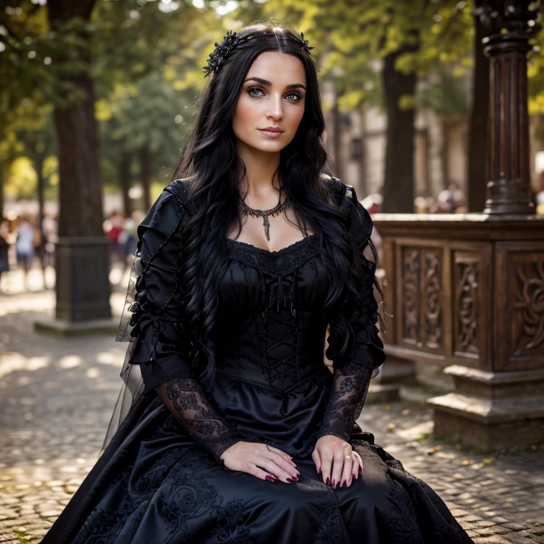 1 woman, European face, European eyes, dancing in a medieval town, ultra detailed face and eyes, hyperrealistic, detailed representation, long black hair, pretty face, 30 years old, wearing a long black baroque dress, she is sitting in the park,  gothic Style 