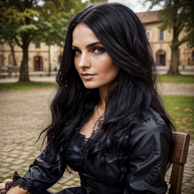 1 woman, European face, European eyes, dancing in a medieval town, ultra detailed face and eyes, hyperrealistic, detailed representation, long black hair, pretty face, 30 years old, wearing a long black baroque dress, she is sitting in the park,  gothic Style 