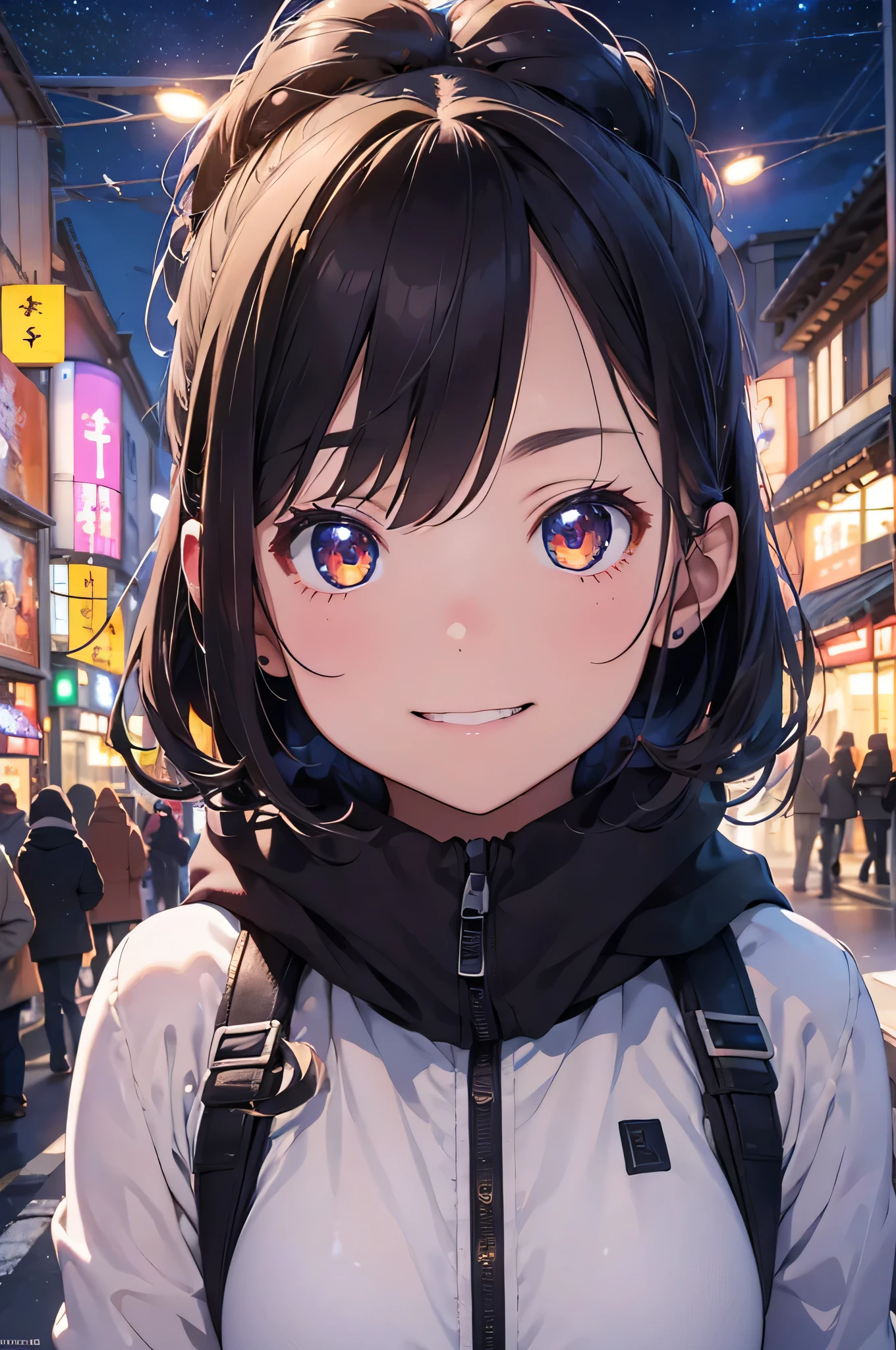 Christmas, Walking around town, girl with, 18year old, Smile, Wear winter clothes, Colorful illumination, masterpiece, top-quality, highly detailed anime, Well-formed face, Shining eyes, Balanced proportions, Dramatic Lighting, Night, Starry sky, Background of the Tokyo cityscape